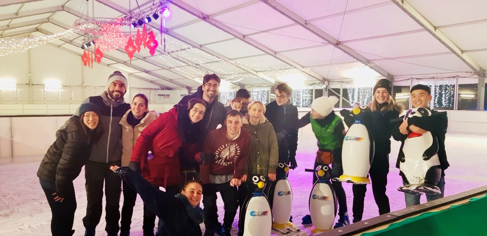 a group of acet students smile and are enjoying themselves at the ice rink